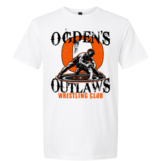 Ogden's Outlaws Wrestling takedown graphic design with two wrestlers and an orange O on a white t-shirt