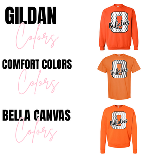 Gildan orange crewneck, Comfort Colors orange tee, and Bella Canvas orange crewneck color chart with the Onaga Buffaloes polka dot letter O design