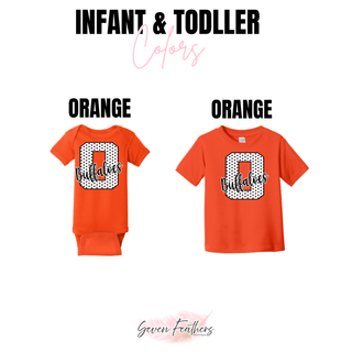 Infant and toddler color chart showing orange bodysuit and orange toddler tee with the Onaga Buffaloes polka dot letter O design