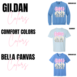 Gildan carolina blue crewneck, Comfort Colors chambray tee, and Bella Canvas carolina blue tee with Oopsie daisy graphic
