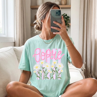 Chalky mint Comfort Colors tee with Oopsie daisy floral stripe graphic in pink and white
