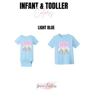 Infant and toddler light blue tees and onesies with Oopsie daisy floral graphic
