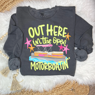 Pepper crewneck with Out Here in the Open Motorboatin neon design featuring colorful pontoon boat and stars
