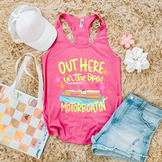 Hot pink racerback tank with Out Here in the Open Motorboatin pontoon boat colorful design

