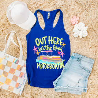 Royal blue racerback tank with Out Here in the Open Motorboatin colorful pontoon boat design
