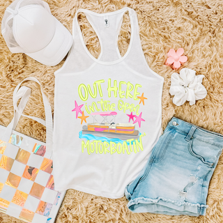 White racerback tank with Out Here in the Open Motorboatin neon pontoon boat and star design

