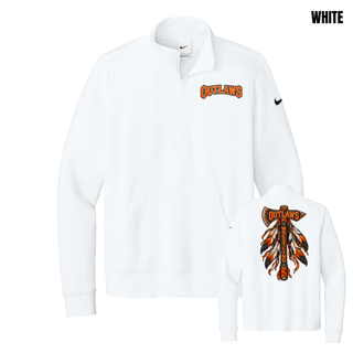 White women's fleece half-zip with OUTLAWS lettering on the left chest and a feathered axe design on the back