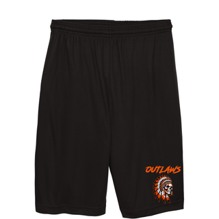 Black cooling performance shorts with Outlaws in orange brush lettering above a feathered skull printed near the hem of the leg