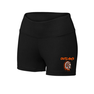 Black women's interval performance shorts with Outlaws in orange brush lettering above a feathered skull printed on the lower leg