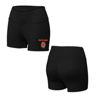 Front and back views of black women's interval performance shorts with the Outlaws feathered skull design on the lower leg and a plain back