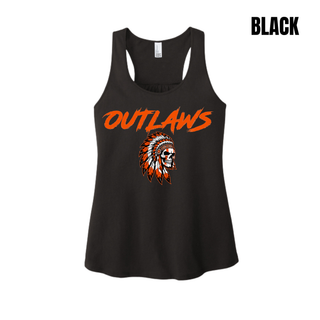 Black women's racerback tank with orange Outlaws lettering above a feathered skull