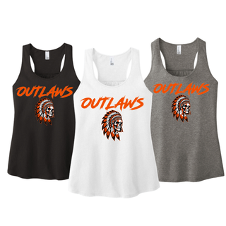Women's racerback tanks in black, white, and grey frost with orange Outlaws lettering above a feathered skull