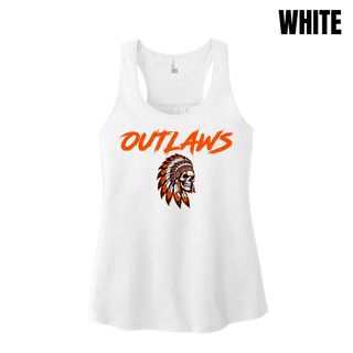 White women's racerback tank with orange Outlaws lettering above a feathered skull