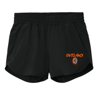 Black women's athletic shorts with orange Outlaws lettering above a feathered skull printed low on one leg, flat lay