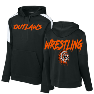 Black Fan Favorite hoodie with white shoulder panels, orange Outlaws lettering across the front, and a back view with large Wrestling lettering above a feathered skull