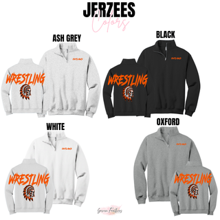 Jerzees color chart showing the Outlaws Wrestling skull fleece quarter-zip in Ash Grey, Black, White, and Oxford with front and back views