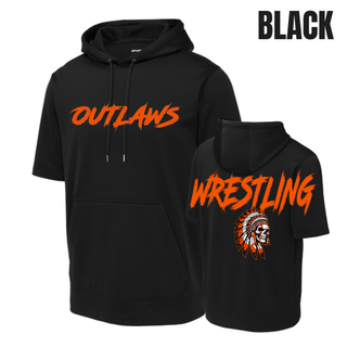 Black fleece short sleeve hooded pullover with big orange Outlaws lettering on the chest and Wrestling lettering above a feathered headdress skull on the back