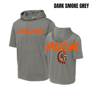 Dark Smoke Grey fleece short sleeve hooded pullover with big orange Outlaws lettering on the chest and Wrestling lettering above a feathered headdress skull on the back