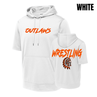 White fleece short sleeve hooded pullover with big orange Outlaws lettering on the chest and Wrestling lettering above a feathered headdress skull on the back