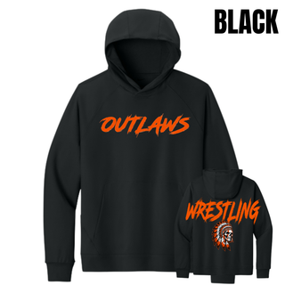 Black men's performance fleece hoodie with big orange Outlaws lettering on the chest and Wrestling lettering above a feathered headdress skull on the back