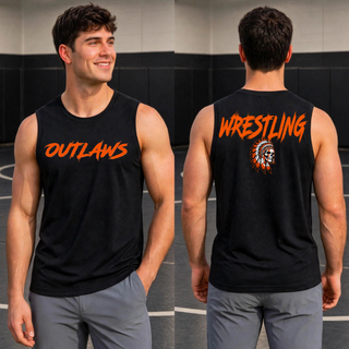 Model wearing a black sleeveless competitor tank on a wrestling mat, front with orange Outlaws lettering and back with large Wrestling lettering above a feathered skull