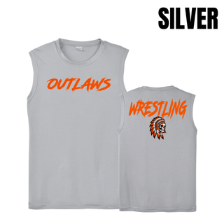 Silver PosiCharge competitor tank with orange Outlaws lettering on the front and Wrestling lettering above a feathered skull on the back