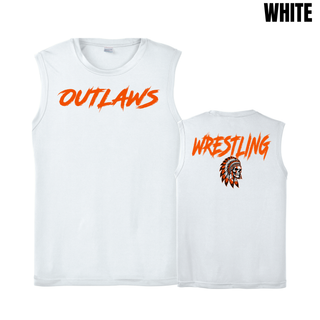 White PosiCharge competitor tank with orange Outlaws lettering on the front and Wrestling lettering above a feathered skull on the back