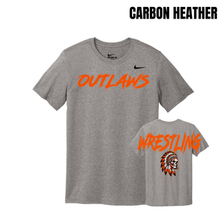 Carbon Heather men's rLegend tee with big orange Outlaws lettering on the chest and Wrestling lettering above a feathered headdress skull on the back