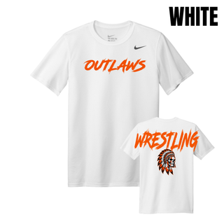 White men's rLegend tee with big orange Outlaws lettering on the chest and Wrestling lettering above a feathered headdress skull on the back