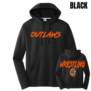 Black performance fleece hoodie with Outlaws in orange brush lettering on the front and a back view showing large orange Wrestling lettering above a feathered skull