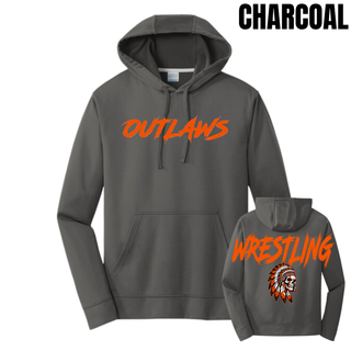 Charcoal performance fleece hoodie with Outlaws in orange brush lettering on the front and a back view showing large orange Wrestling lettering above a feathered skull