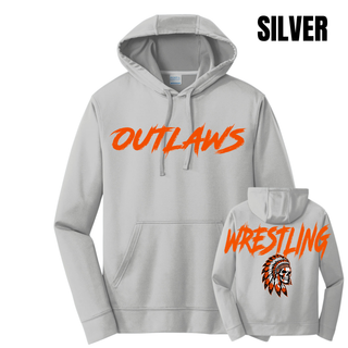 Silver performance fleece hoodie with Outlaws in orange brush lettering on the front and a back view showing large orange Wrestling lettering above a feathered skull