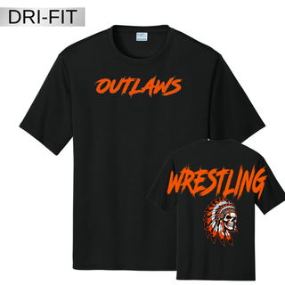 Black Dri-Fit performance top with Outlaws in orange brush lettering on the front and a back view showing large orange Wrestling lettering above a feathered skull