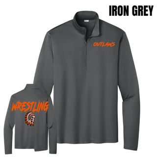 Iron Grey PosiCharge competitor quarter-zip with orange Outlaws lettering on the chest and a back view with large Wrestling lettering above a feathered skull