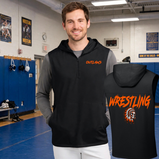 Black stretch sleeveless hooded quarter-zip on a model with small orange Outlaws lettering on the chest, with the back showing large Wrestling lettering above a feathered headdress skull