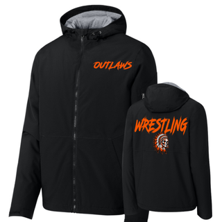Flat lay of a black waterproof insulated jacket, front with small orange Outlaws lettering and back with large Wrestling lettering above a feathered headdress skull