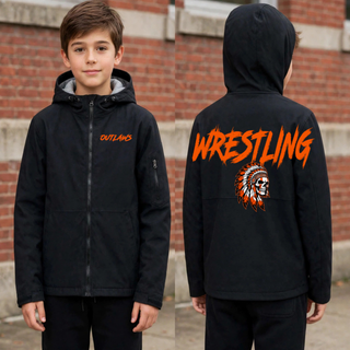 Black waterproof insulated jacket shown on a youth model, front with small orange Outlaws lettering on the chest and back with large Wrestling lettering above a skull in a feathered headdress