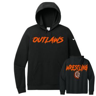 Black women's club fleece pullover hoodie with big orange Outlaws lettering on the chest and Wrestling lettering above a feathered headdress skull on the back
