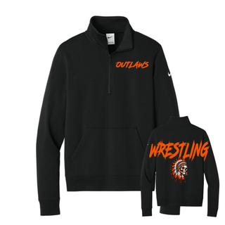 Black women's fleece half-zip with small orange Outlaws lettering on the chest and large Wrestling lettering above a feathered headdress skull on the back