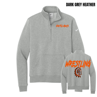 Dark Grey Heather women's fleece half-zip with small orange Outlaws lettering on the chest and large Wrestling lettering above a feathered headdress skull on the back