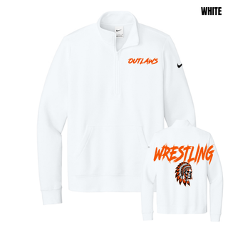 White women's fleece half-zip with small orange Outlaws lettering on the chest and large Wrestling lettering above a feathered headdress skull on the back