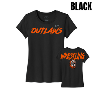 Black women's rLegend tee with big orange Outlaws lettering on the chest and Wrestling lettering above a feathered headdress skull on the back