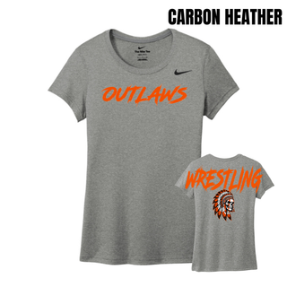 Carbon Heather women's rLegend tee with big orange Outlaws lettering on the chest and Wrestling lettering above a feathered headdress skull on the back