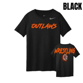 Black youth rLegend tee with big orange Outlaws lettering on the chest and Wrestling lettering above a feathered headdress skull on the back