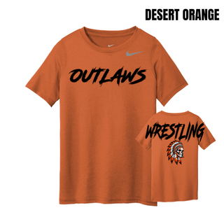 Desert Orange youth rLegend tee with big black Outlaws lettering on the chest and Wrestling lettering above a feathered headdress skull on the back