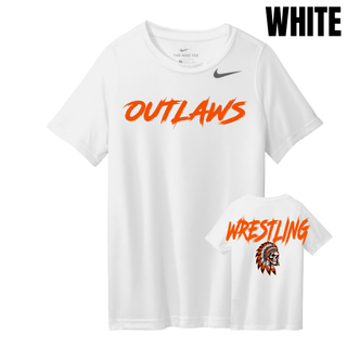 White youth rLegend tee with big orange Outlaws lettering on the chest and Wrestling lettering above a feathered headdress skull on the back