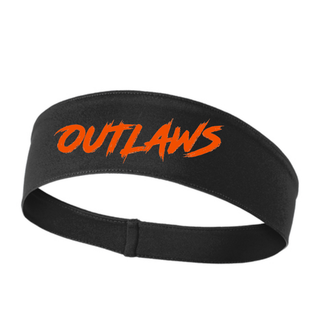 Black PosiCharge headband with Outlaws printed across the front in bold orange slanted brush stroke lettering with distressed edges