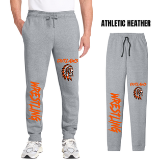Man wearing athletic heather grey fleece joggers beside a flat grey pair, with Outlaws and a feathered skull on the thigh and large orange Wrestling lettering down the lower leg