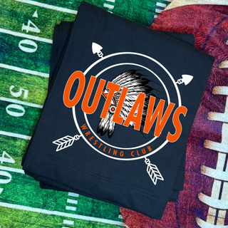 Outlaws Wrestling Stadium Blanket V1, black blanket with circular Outlaws Wrestling Club emblem and headdress graphic