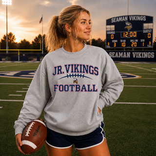 Oversized Jr Vikings Football sport grey crewneck back view with JR VIKINGS large letters on bleachers